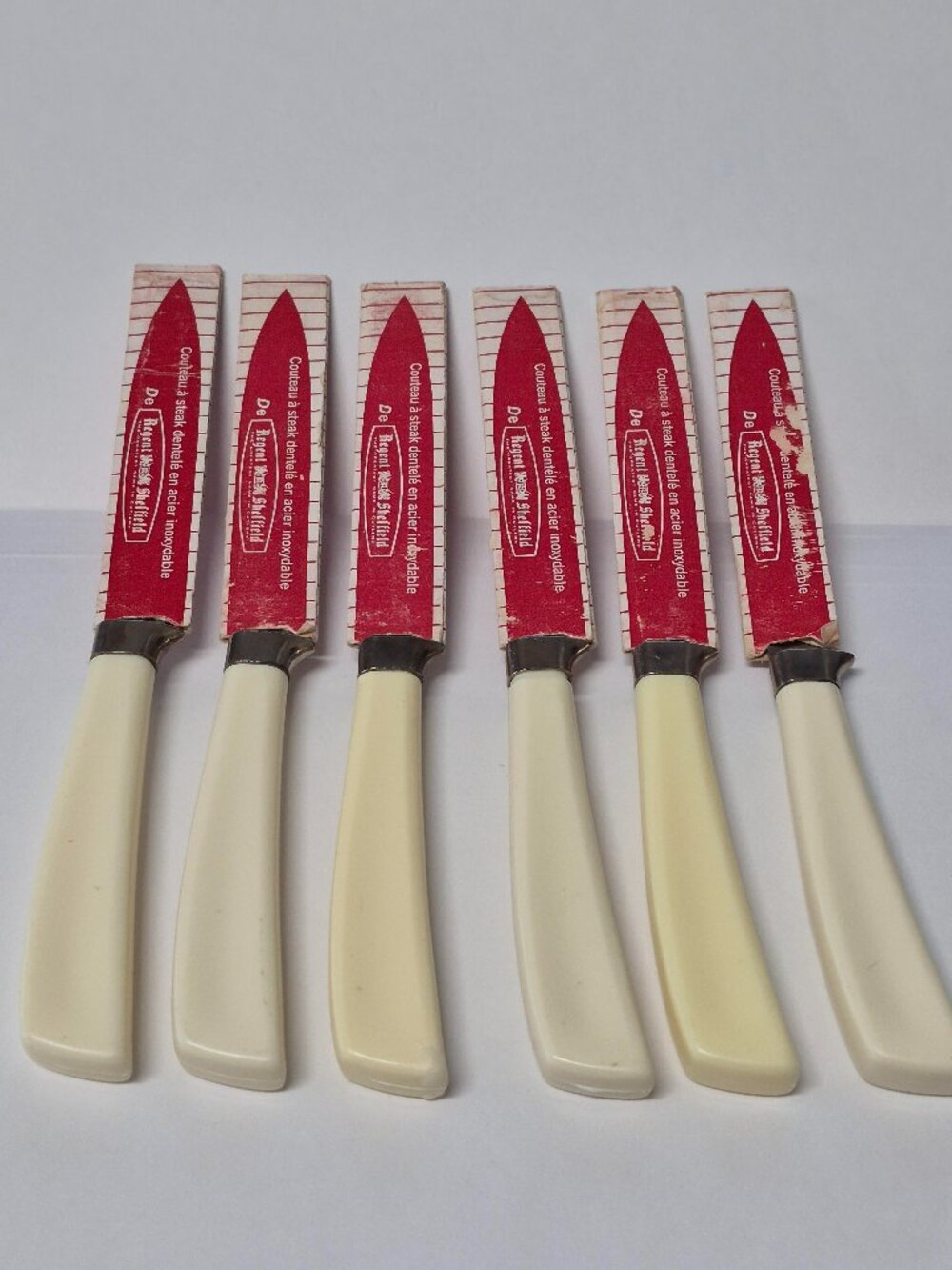 Vintage Regent Sheffield Steak Knives Set of 6 NOS Faux Ivory Handles